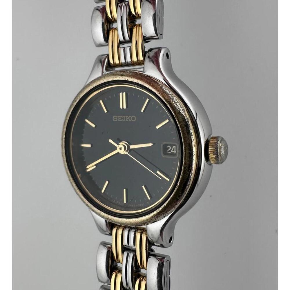Seiko Womens Vintage Quartz Watch Black Dial Two Tone Bracelet 22mm Date